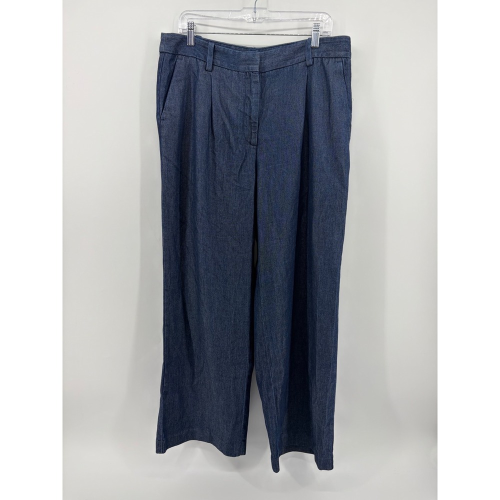 Talbots Women 14P Blue Weston Pant Wide Leg Lyocell Cotton Denim Pleated Trouser